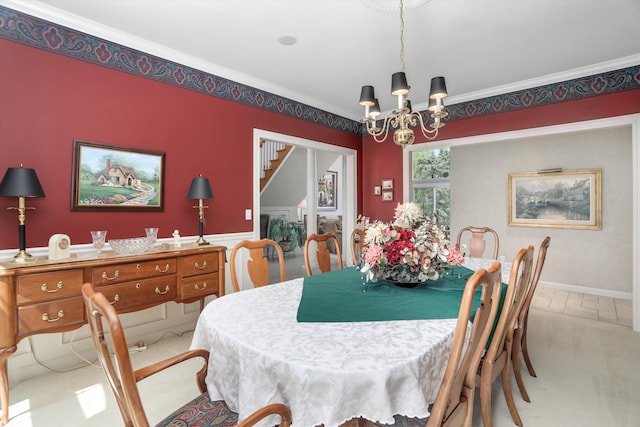 30465 Stonegate Dr, Franklin, MI 48025 - dining space featuring a chandelier, ornamental molding, and stairway