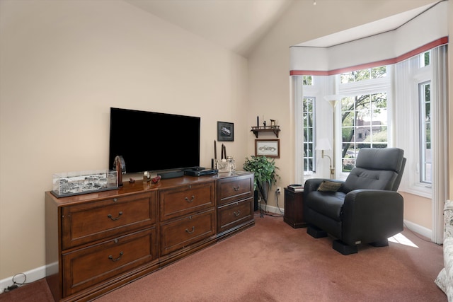 30465 Stonegate Dr, Franklin, MI 48025 - living area with baseboards, lofted ceiling, and light colored carpet
