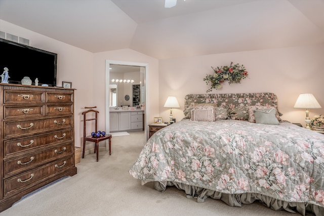 30465 Stonegate Dr, Franklin, MI 48025 - bedroom featuring lofted ceiling, light carpet, connected bathroom, and a ceiling fan