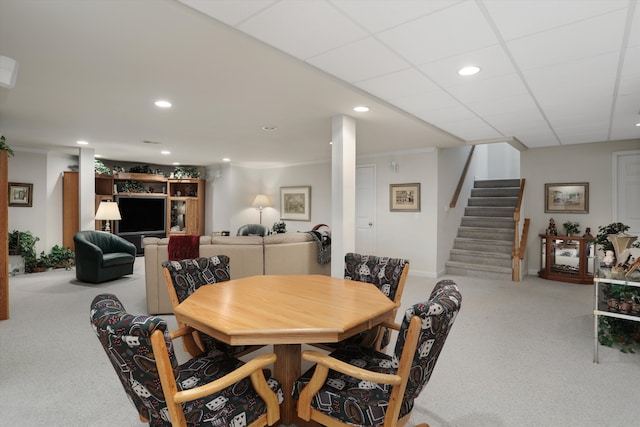 30465 Stonegate Dr, Franklin, MI 48025 - dining space with carpet floors, stairs, and recessed lighting
