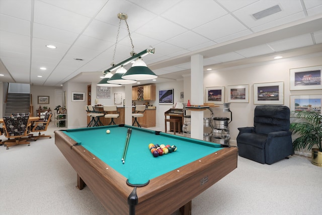 30465 Stonegate Dr, Franklin, MI 48025 - recreation room with carpet floors, bar, billiards table, and recessed lighting