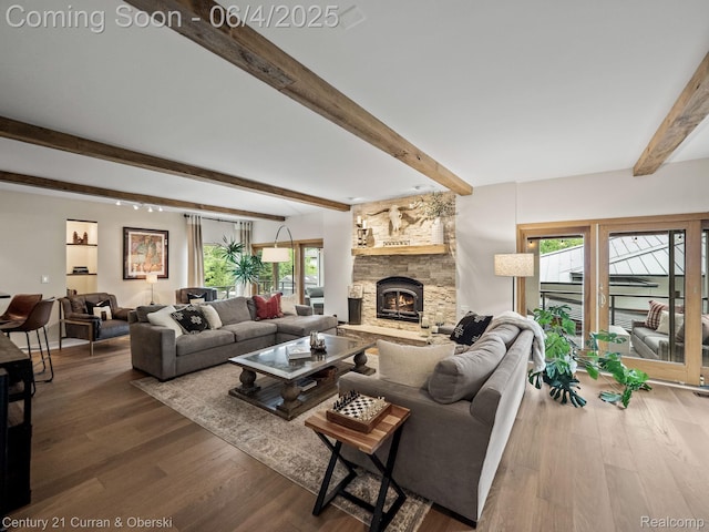 1985 Lone Pine Rd, Bloomfield Hills, MI 48302 - living room with beam ceiling, wood finished floors, and a stone fireplace