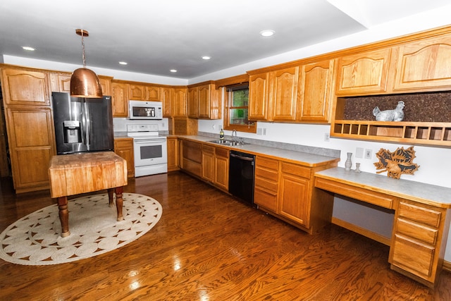 4707 Mount Morris Rd, Columbiaville, MI 48421 - kitchen featuring white appliances, a sink, dark wood finished floors, light countertops, and recessed lighting