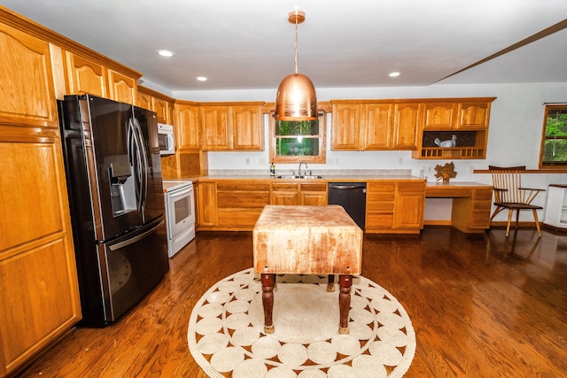 4707 Mount Morris Rd, Columbiaville, MI 48421 - kitchen with white appliances, light countertops, dark wood-style floors, a sink, and open shelves
