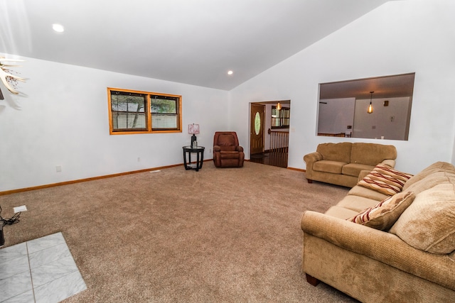 4707 Mount Morris Rd, Columbiaville, MI 48421 - living room featuring carpet, baseboards, recessed lighting, and high vaulted ceiling