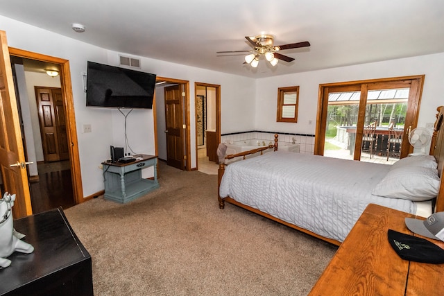 4707 Mount Morris Rd, Columbiaville, MI 48421 - carpeted bedroom with access to exterior, a ceiling fan, and baseboards