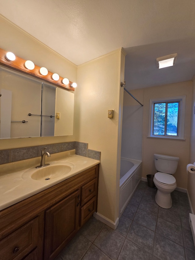 7400 Willow, Lexington, MI 48450 - bathroom featuring tile patterned flooring, toilet, vanity, baseboards, and shower / washtub combination