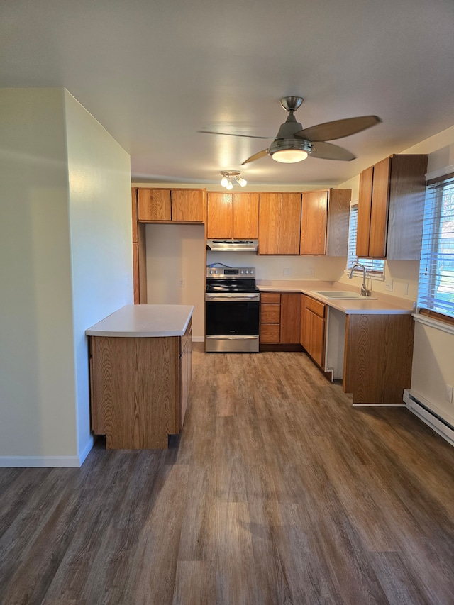 7400 Willow, Lexington, MI 48450 - kitchen featuring stainless steel range with electric cooktop, exhaust hood, a sink, brown cabinetry, and dark wood-style flooring