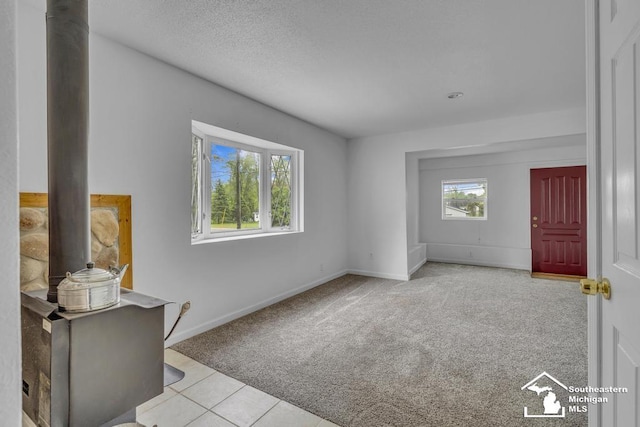 7316 Summerfield Rd, Lambertville, MI 48144 - tiled foyer with carpet, baseboards, and a wood stove