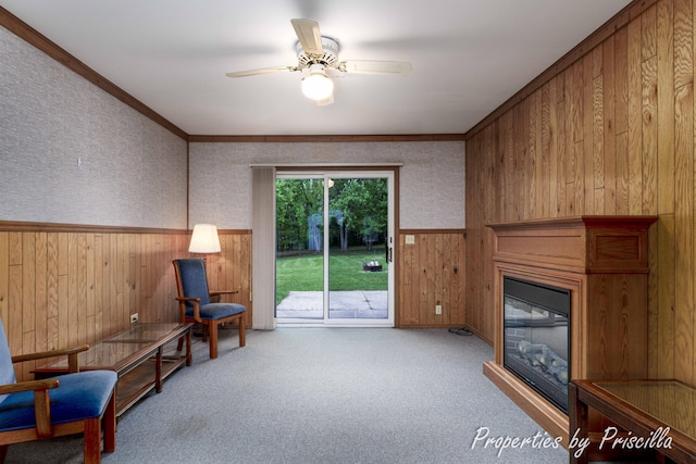 315 Hayes St NW, Comstock Park, MI 49321 - living area with a glass covered fireplace, wood walls, a wainscoted wall, carpet flooring, and ceiling fan