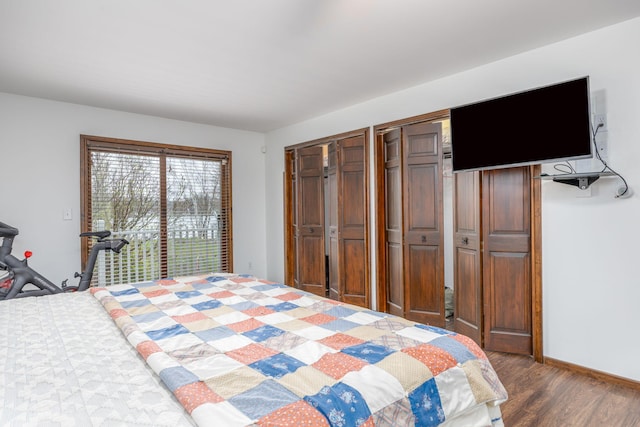 2220 Grass Lake Ave, Lake, MI 48632 - bedroom featuring multiple closets, dark wood finished floors, access to outside, and baseboards