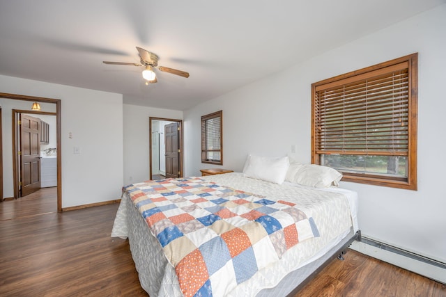 2220 Grass Lake Ave, Lake, MI 48632 - bedroom with a baseboard heating unit, wood finished floors, baseboards, and a ceiling fan