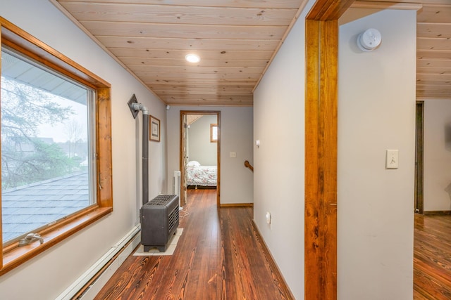 2220 Grass Lake Ave, Lake, MI 48632 - hallway featuring wood ceiling, dark wood-style floors, a baseboard heating unit, a wall mounted AC, and baseboards