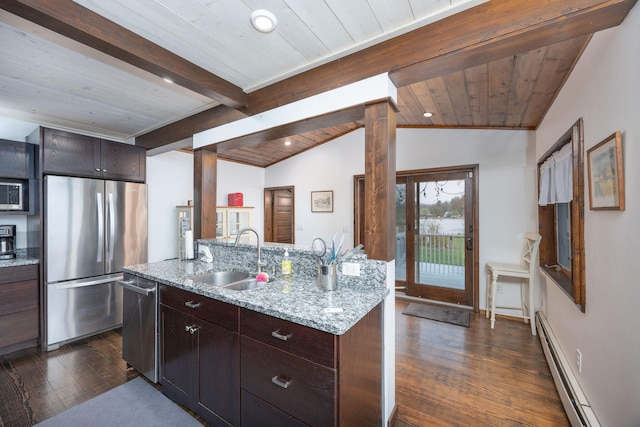 2220 Grass Lake Ave, Lake, MI 48632 - kitchen with stainless steel appliances, baseboard heating, a sink, dark wood finished floors, and wood ceiling