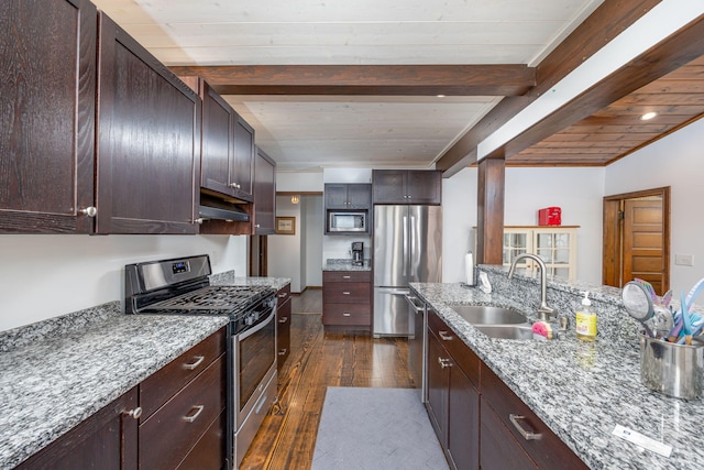 2220 Grass Lake Ave, Lake, MI 48632 - kitchen with stainless steel appliances, a sink, beam ceiling, dark wood-type flooring, and dark brown cabinets