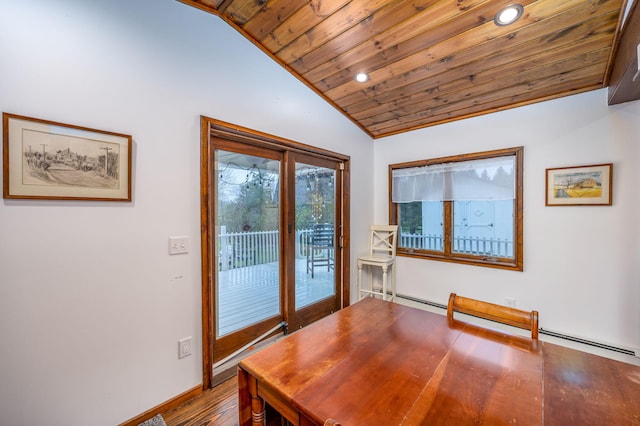 2220 Grass Lake Ave, Lake, MI 48632 - dining room with wooden ceiling, lofted ceiling, dark wood-style floors, recessed lighting, and baseboards
