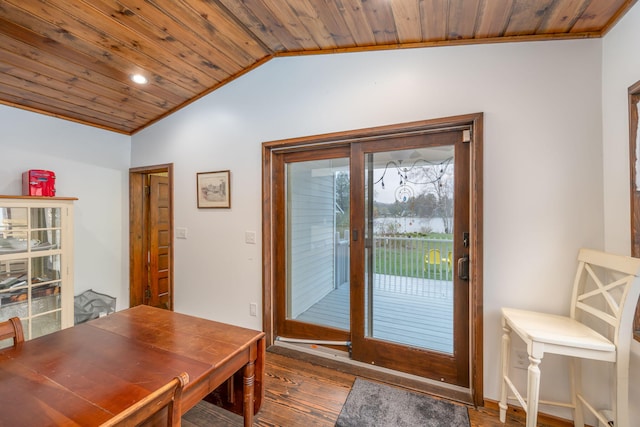 2220 Grass Lake Ave, Lake, MI 48632 - doorway to outside with vaulted ceiling, wooden ceiling, wood finished floors, and crown molding