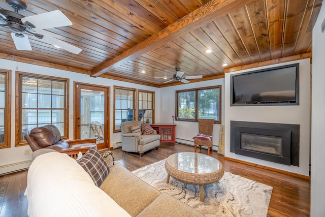 2220 Grass Lake Ave, Lake, MI 48632 - living room with ceiling fan, a baseboard heating unit, hardwood / wood-style flooring, wooden ceiling, and recessed lighting