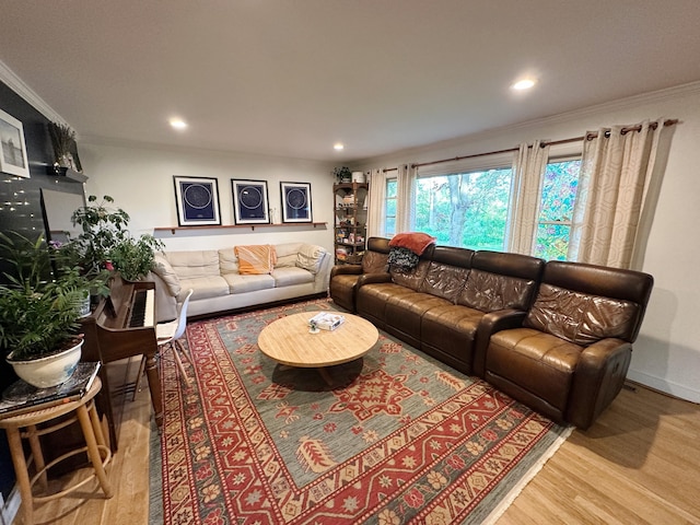 living room with ornamental molding, wood finished floors, and recessed lighting