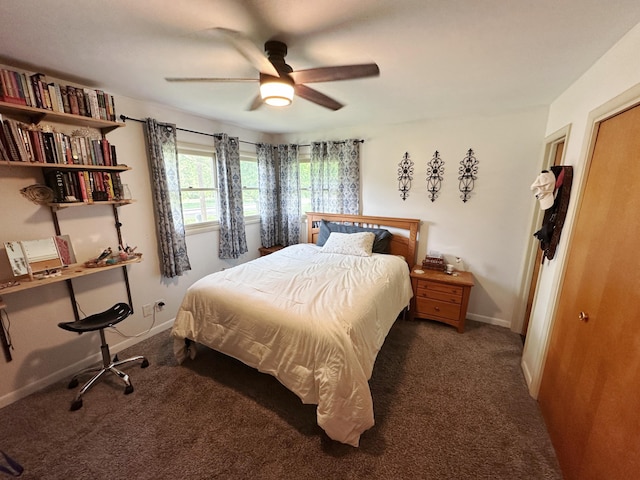 bedroom with carpet floors, ceiling fan, and baseboards