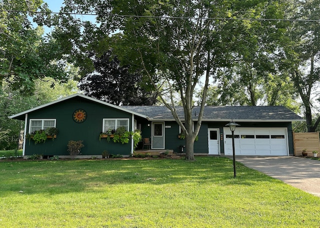 ranch-style house with an attached garage, driveway, a front yard, and roof with shingles