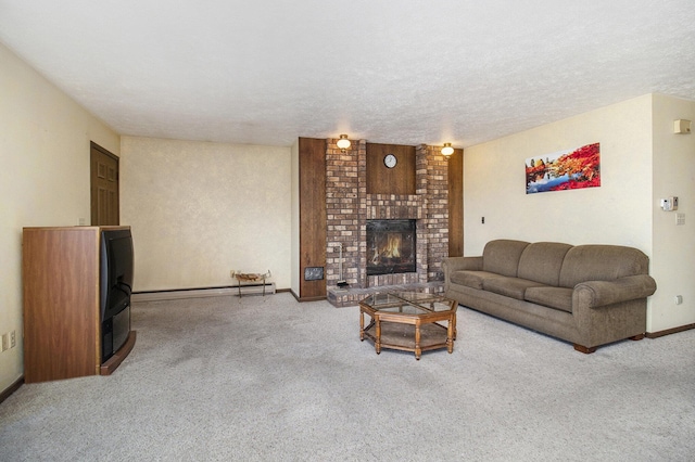 929 S Washington Ave, Ludington, MI 49431 - living room featuring carpet flooring, a fireplace, a baseboard heating unit, a textured ceiling, and baseboards