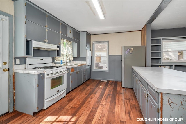 kitchen with gas range gas stove, gray cabinets, freestanding refrigerator, and a sink