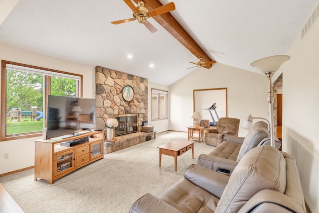 836 Boutell Dr, Grand Blanc, MI 48439 - carpeted living room with a ceiling fan, a stone fireplace, baseboards, and recessed lighting