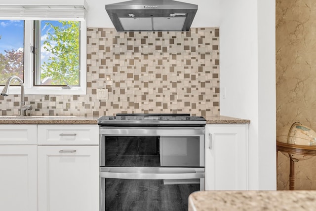 836 Boutell Dr, Grand Blanc, MI 48439 - kitchen featuring double oven range, extractor fan, a sink, light stone counters, and decorative backsplash