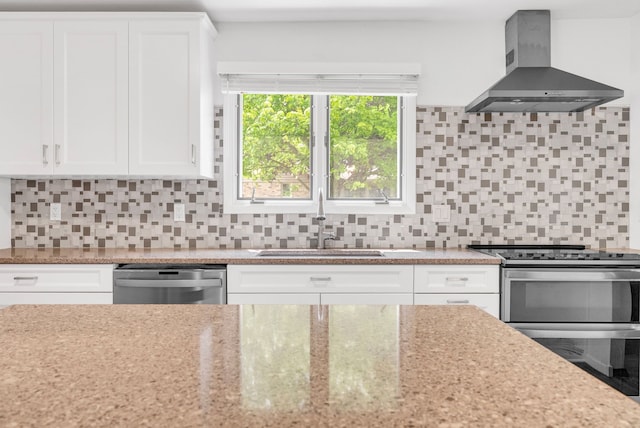 836 Boutell Dr, Grand Blanc, MI 48439 - kitchen featuring wall chimney exhaust hood, stainless steel appliances, a sink, white cabinets, and backsplash