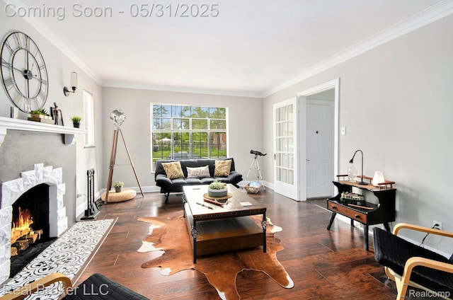 5585 Buckingham Ave, Detroit, MI 48224 - living room featuring crown molding, wood finished floors, a brick fireplace, and baseboards