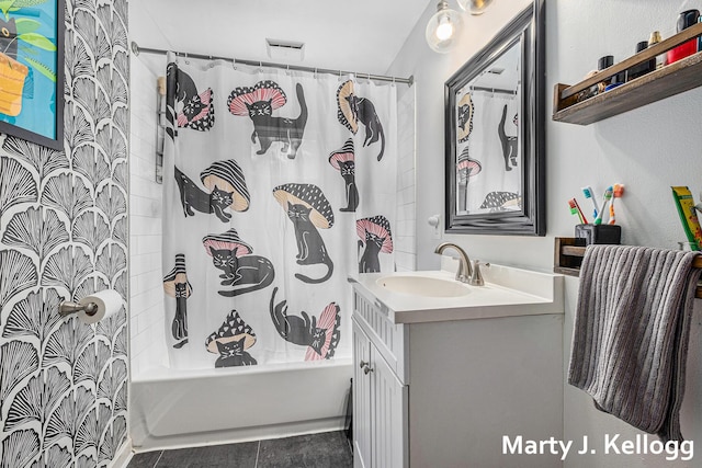 full bath with vanity and shower / bath combo with shower curtain