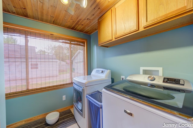 608 Porter Rd, Norton Shores, MI 49441 - laundry room featuring cabinet space, washing machine and clothes dryer, baseboards, and wood ceiling
