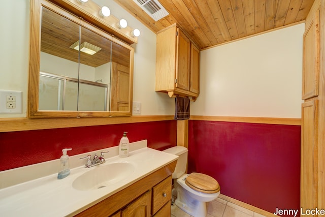 608 Porter Rd, Norton Shores, MI 49441 - full bathroom featuring a shower stall, wood ceiling, toilet, tile patterned floors, and vanity