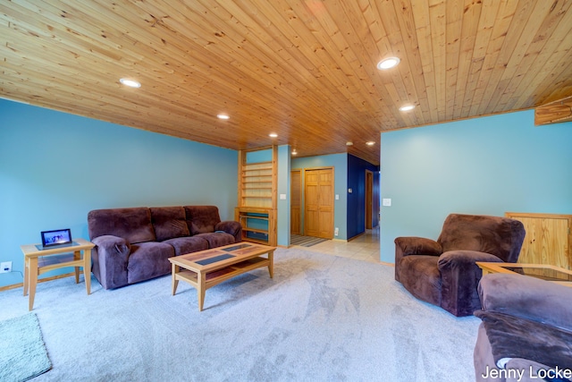 608 Porter Rd, Norton Shores, MI 49441 - living room featuring recessed lighting, light colored carpet, and wooden ceiling
