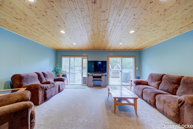 608 Porter Rd, Norton Shores, MI 49441 - living room with wood ceiling, carpet flooring, recessed lighting, and healthy amount of natural light