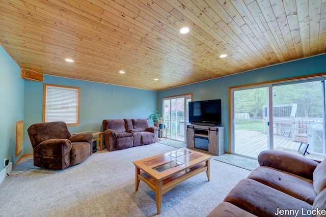 608 Porter Rd, Norton Shores, MI 49441 - living room with carpet flooring, wood ceiling, recessed lighting, and baseboards