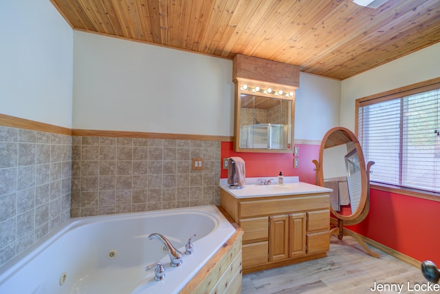 608 Porter Rd, Norton Shores, MI 49441 - full bath featuring wood finished floors, a jetted tub, vanity, wood ceiling, and a shower with shower door
