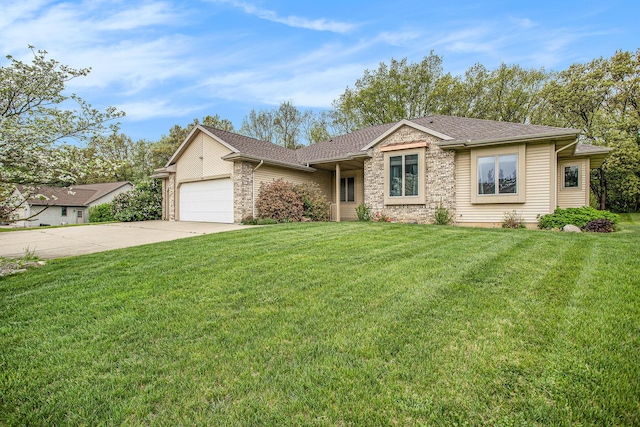 single story home featuring stone siding, a garage, driveway, and a front lawn