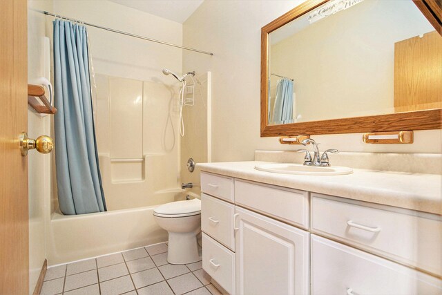 full bathroom featuring tile patterned flooring, vanity, shower / tub combo with curtain, and toilet