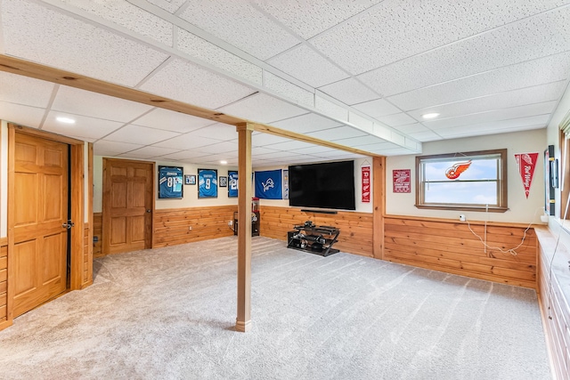 4024 Austin Ct, Lapeer, MI 48446 - basement featuring a wainscoted wall, carpet, recessed lighting, wood walls, and a paneled ceiling