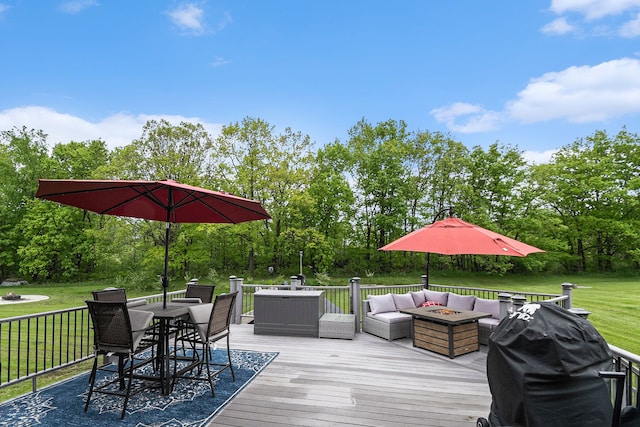 4024 Austin Ct, Lapeer, MI 48446 - deck with an outdoor living space with a fire pit, outdoor dining space, a lawn, view of wooded area, and a grill