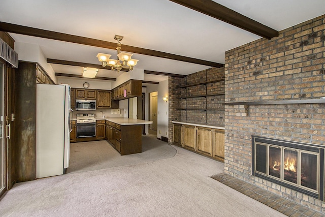 10706 Portage Rd, Portage, MI 49002 - kitchen featuring freestanding refrigerator, white electric stove, stainless steel microwave, light colored carpet, and light countertops