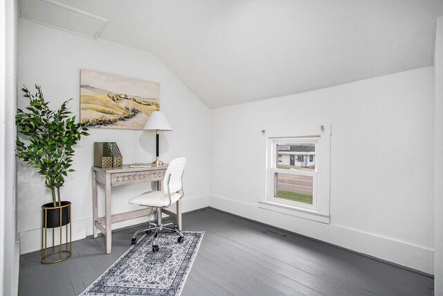 office space with lofted ceiling, wood-type flooring, and baseboards