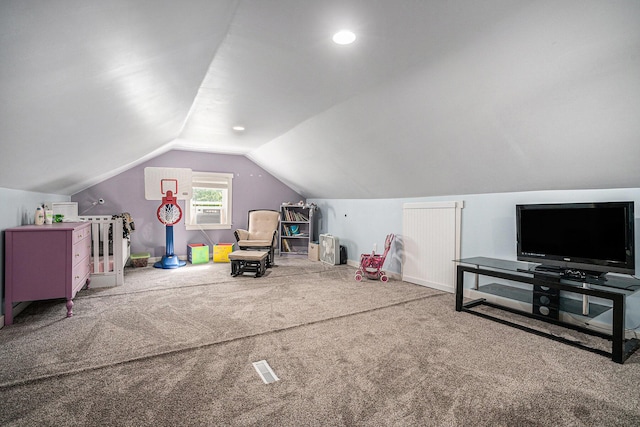 509 W W Burr Oak St, Centreville, MI 49032 - recreation room featuring carpet floors, lofted ceiling, cooling unit, and baseboards