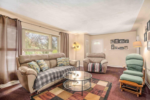 living area with baseboards and carpet floors