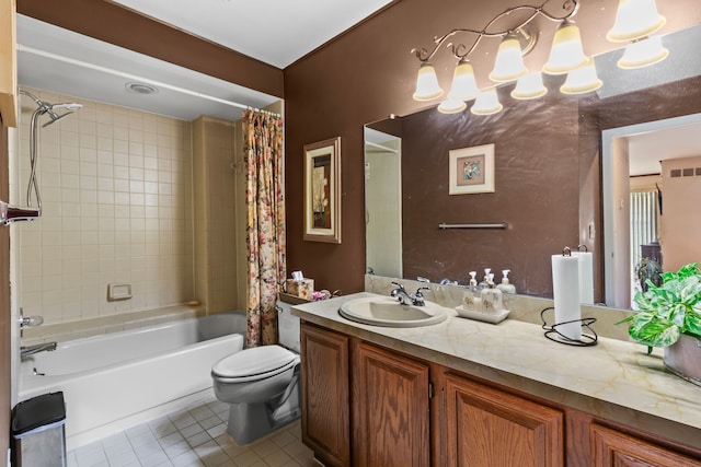 1696 S Hill Blvd, Bloomfield Hills, MI 48304 - bathroom featuring tile patterned flooring, toilet, shower / tub combo with curtain, vanity, and a chandelier