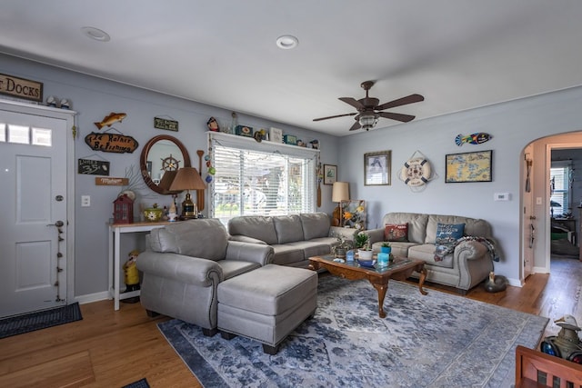 133 Loretta St, East China, MI 48054 - living area featuring arched walkways, plenty of natural light, a ceiling fan, wood finished floors, and recessed lighting