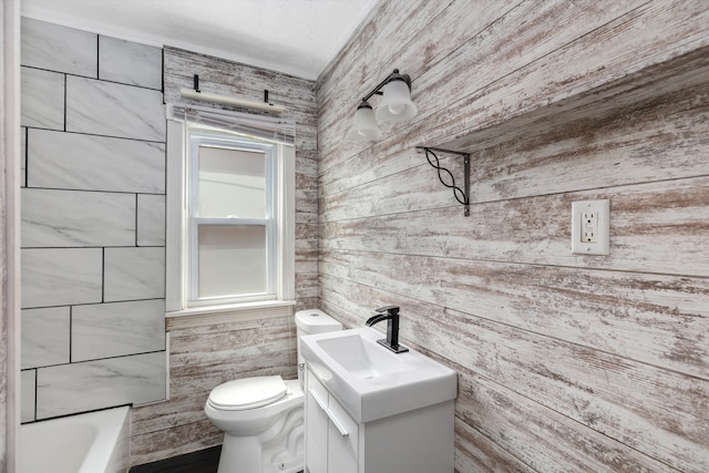 6110 Yorkshire Rd, Detroit, MI 48224 - bathroom with toilet, a tub to relax in, wood walls, a shower, and vanity