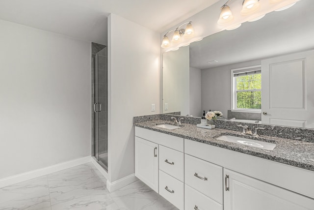 3328 Roseford Blvd, Ann Arbor, MI 48105 - bathroom with marble look tile flooring, baseboards, a stall shower, and double vanity